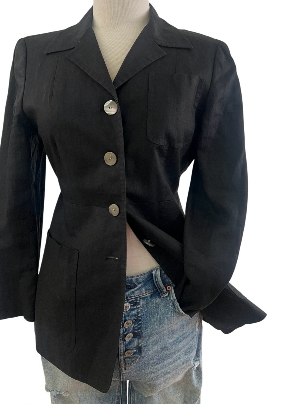 DKNY -100% LINEN BLACK Button-Front Blazer Jacket - Picture 4 of 7